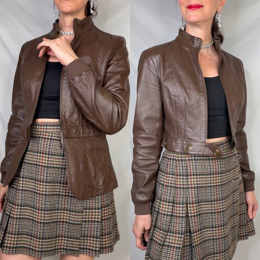 Newport News Leather Moto Jacket Brown Zip Front Vintage Y2K Convertible S - Picture 17 of 17